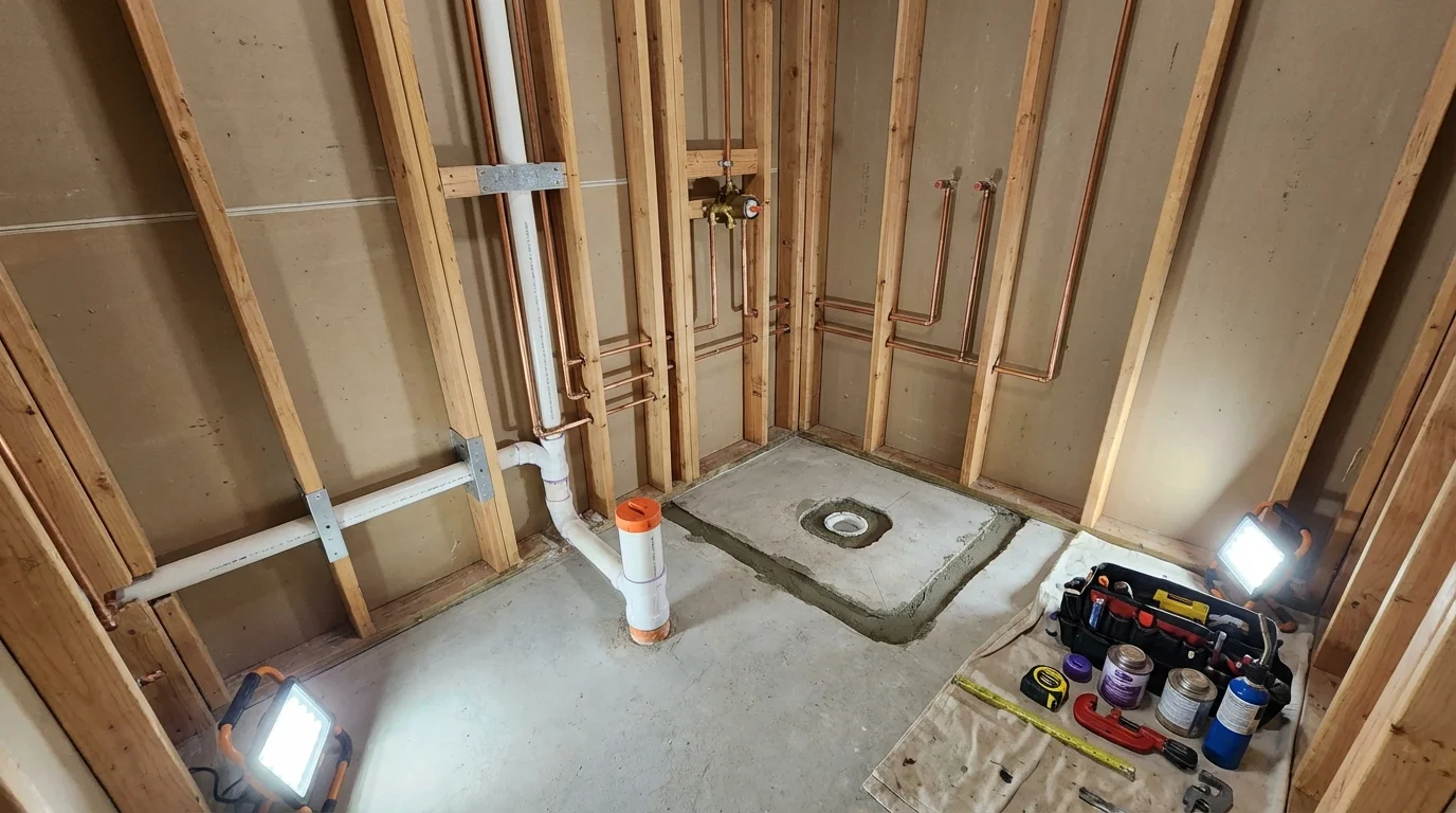 Bathroom rough-in plumbing during remodel by Johns Plumbing LLC in Signal Mountain