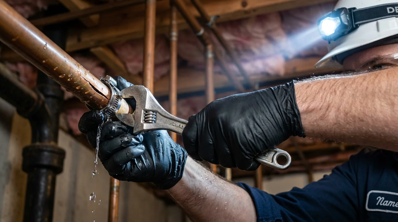 Emergency pipe clamp repair being performed by a Johns Plumbing LLC plumber in Signal Mountain