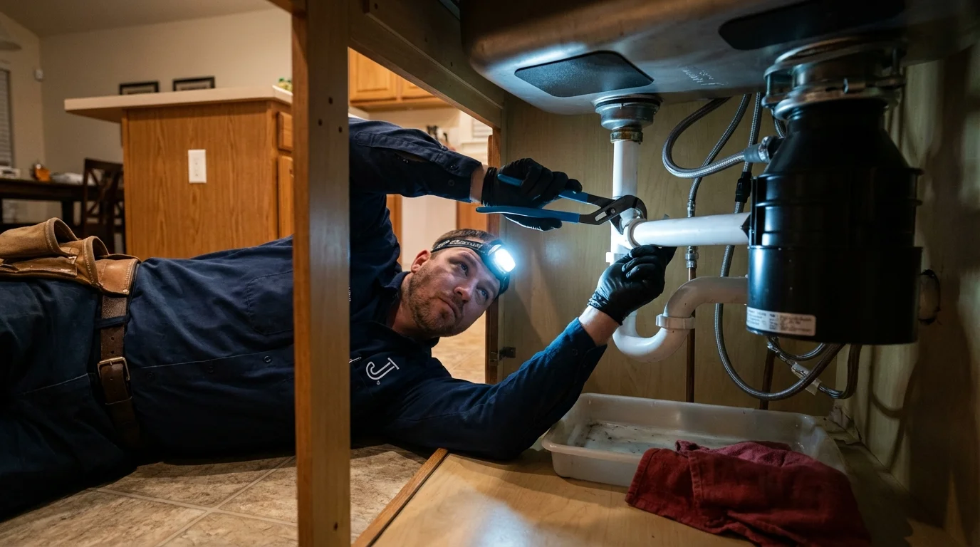 P-trap and supply line connections under a kitchen sink showing a common leak point in Signal Mountain, TN